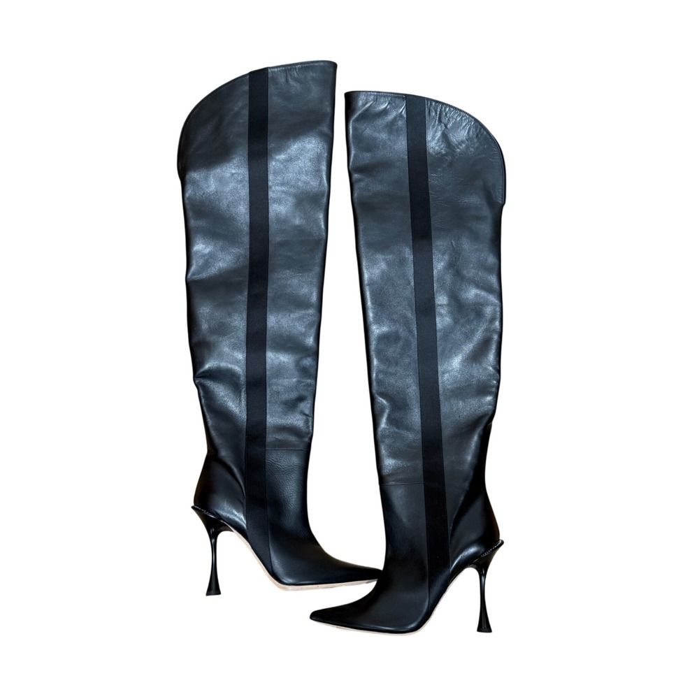Betzabe Bree Crystal Thigh High Boots Black Calf Leather Satin Stripe 37 US 7